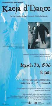 The Old Country Trilogy Poster for Kaeja d'Dance, blue background. A man flies into the air while a woman appears to grab for him in the photo.