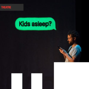 A man looking down to his phone, with a text bubble above with head reading : "kids asleep?"