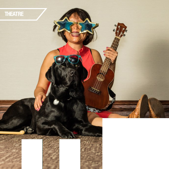 Vivian Chong smiles brightly, sitting on the floor next to her guide dog Catcher. Both Catcher and Vivian wear sunglasses, and Vivian holds a ukulele