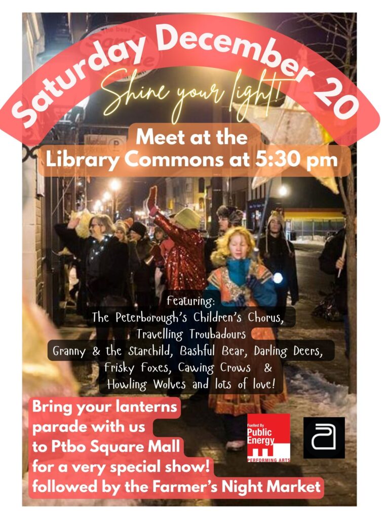 Poster for solstice parade, featuring a bustling streetscape of lantern holders. Leading the parade is a young girl in a pink dress holding a star lantern.